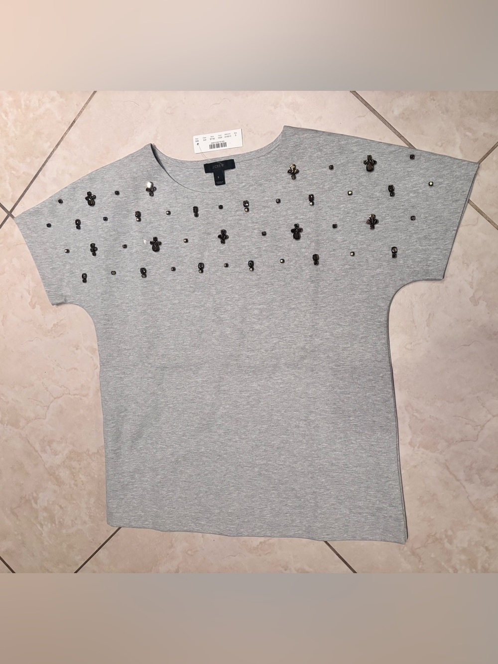 J Crew Embellished Grey Short Sleeve Top